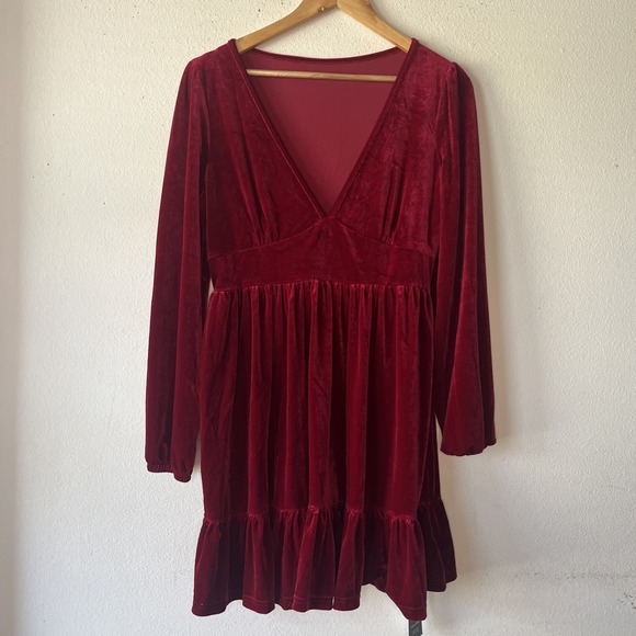 Halara | Red Deep V-Neck Ruffled Hem Velvet Mini Dress Goth Fairy Holiday L New - Picture 1 of 15